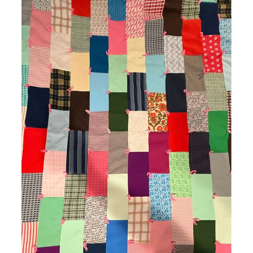 Vintage Handmade Patchwork Tied Quilt Multi Color Scrap Blanket Pink Backing
